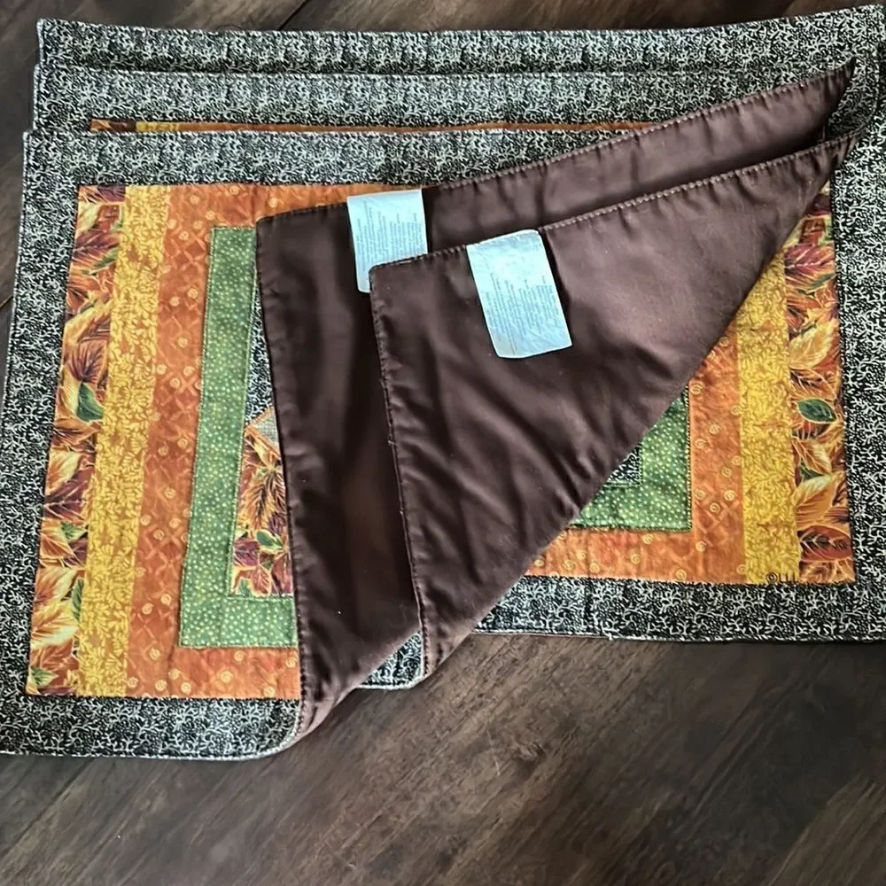 Autumnal Set of 3 Leaf Reversible Quilted Placemats and (3) Napkin Mismatch Set